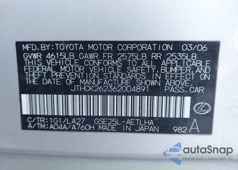 2006 Lexus Is 250 z USA, uszkodzony, nr VIN JTHCK262362004891